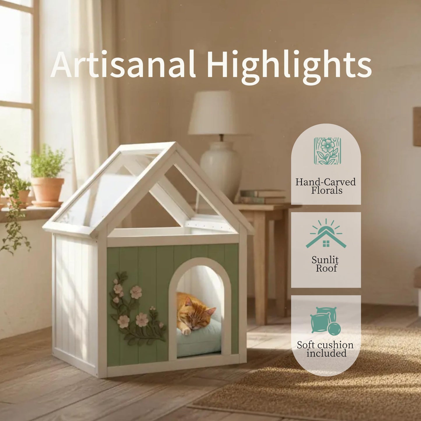 Solid Wood Indoor Pet House with Cushion Bed