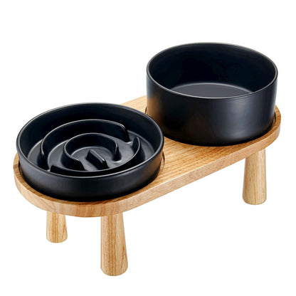 Ceramic Slow Feeder Bowl Set with Wooden Stand