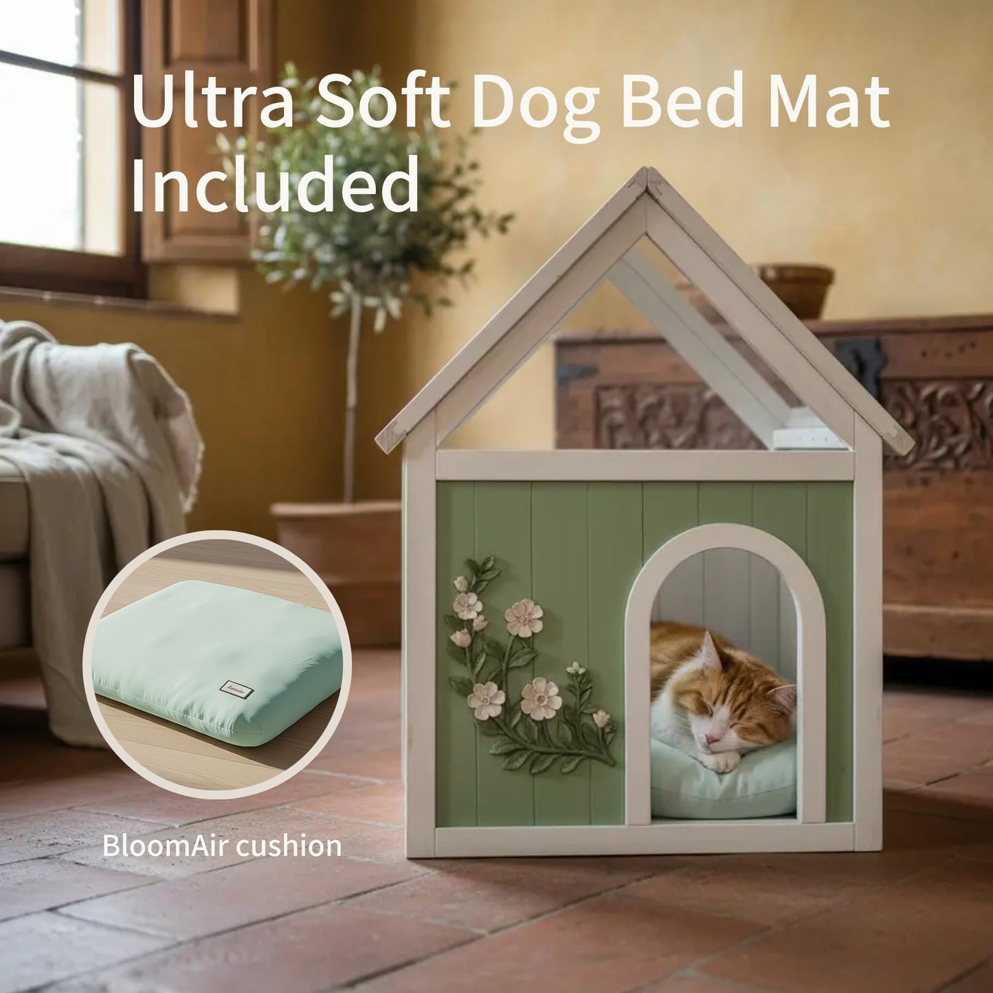Solid Wood Indoor Pet House with Cushion Bed