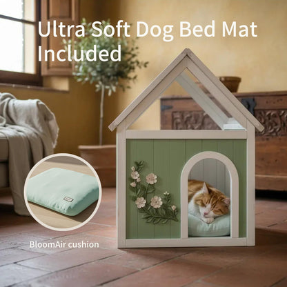 Solid Wood Indoor Pet House with Cushion Bed