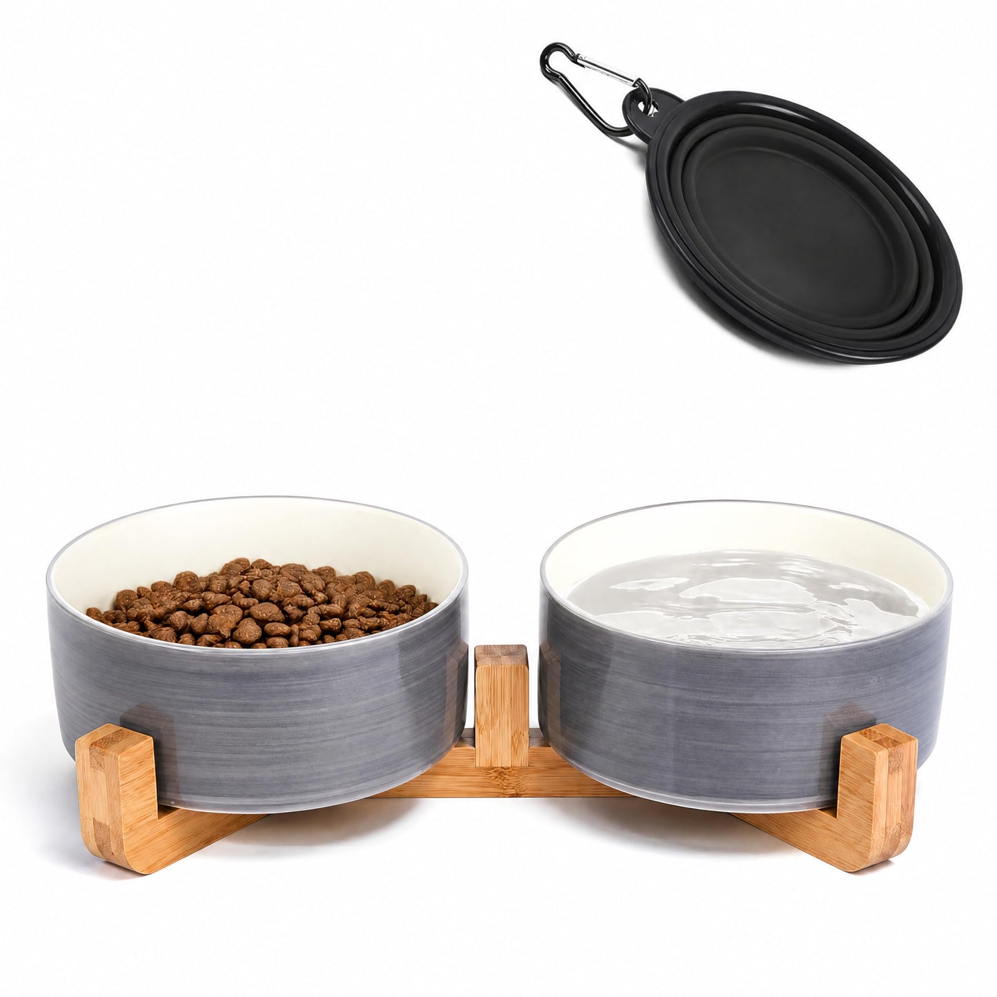 Ceramic Pet Bowl Set with Wooden Stand