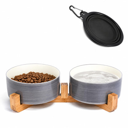 Ceramic Pet Bowl Set with Wooden Stand