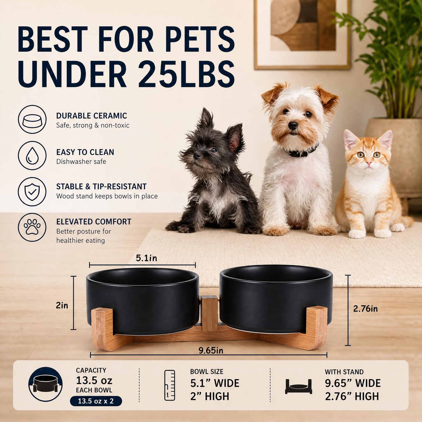 Ceramic Pet Bowl Set with Wooden Stand