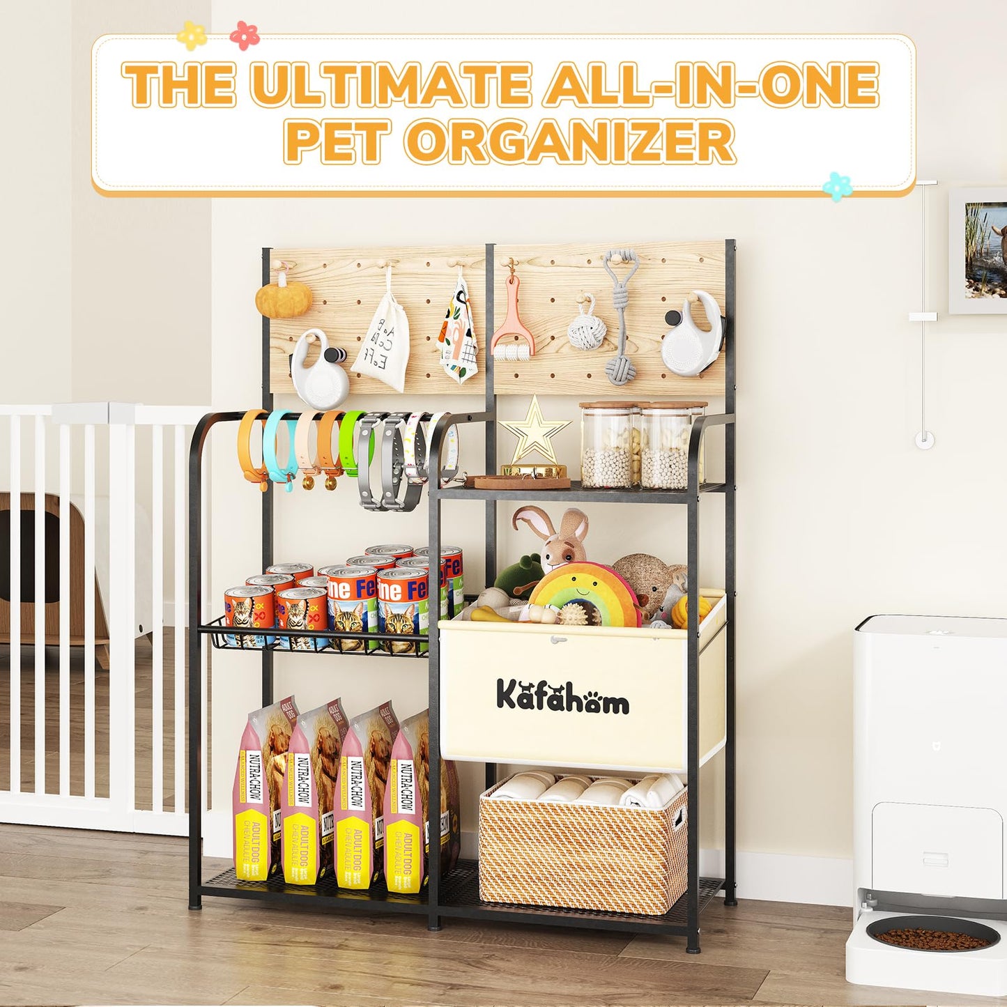 Dog Toy Storage Basket with Feeding Station