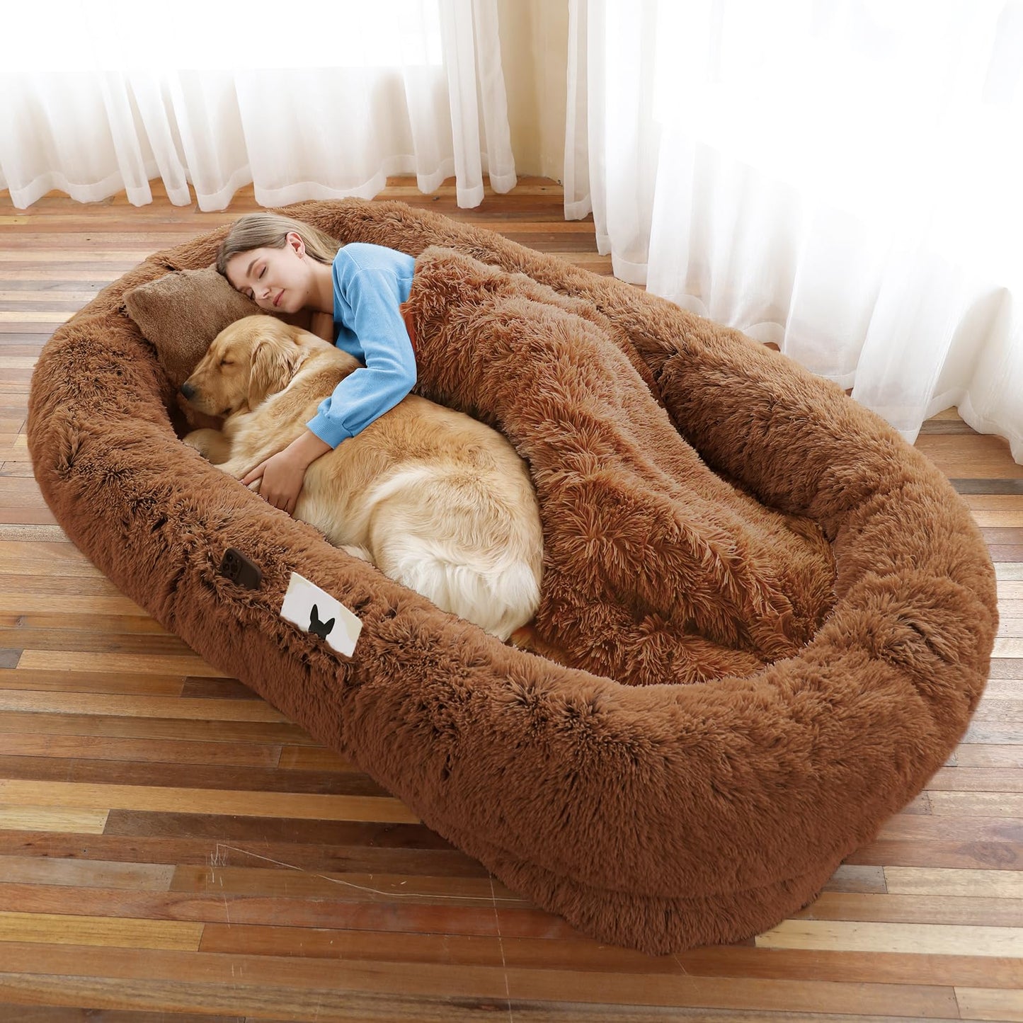 Human-Sized Faux Fur Pet Bed with Pillow Set