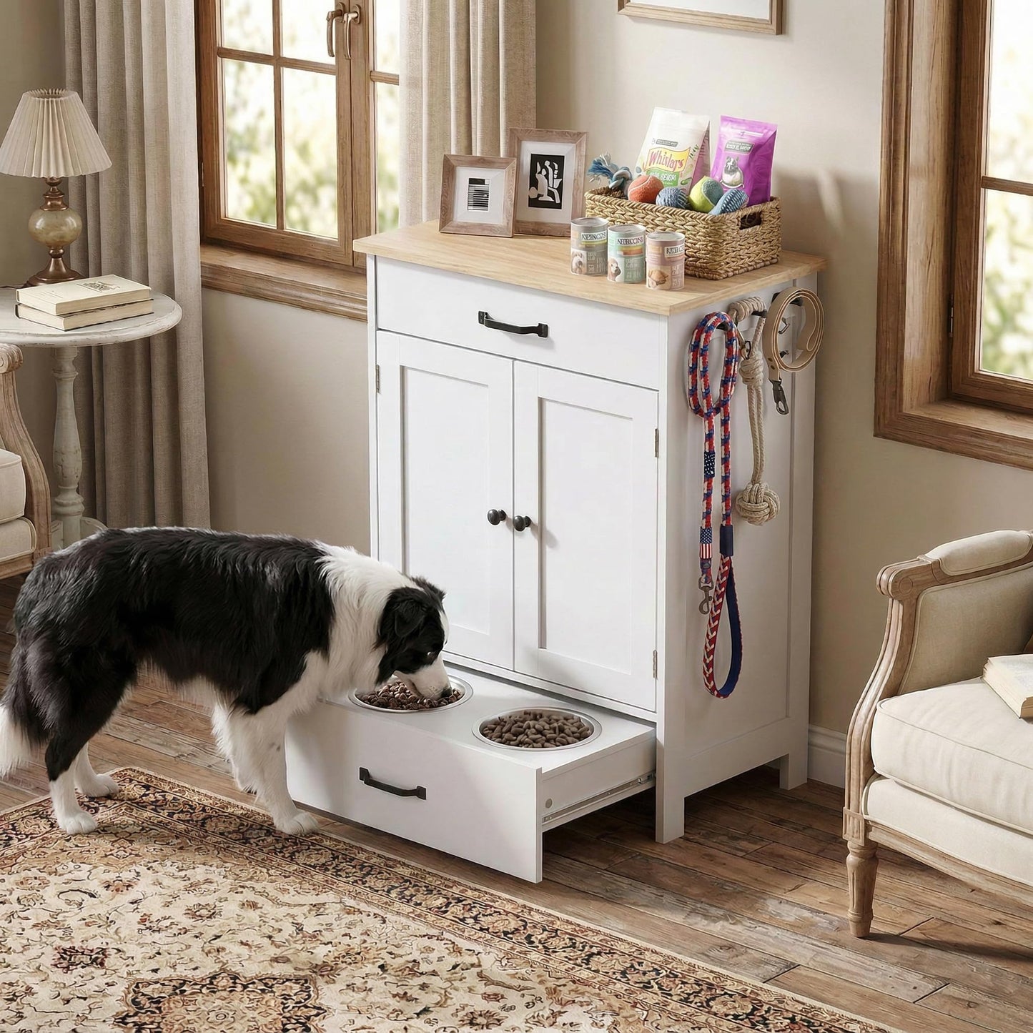 Elevated Pet Feeding Station with Drawer Storage