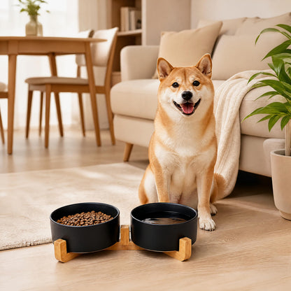Ceramic Pet Bowl Set with Wooden Stand