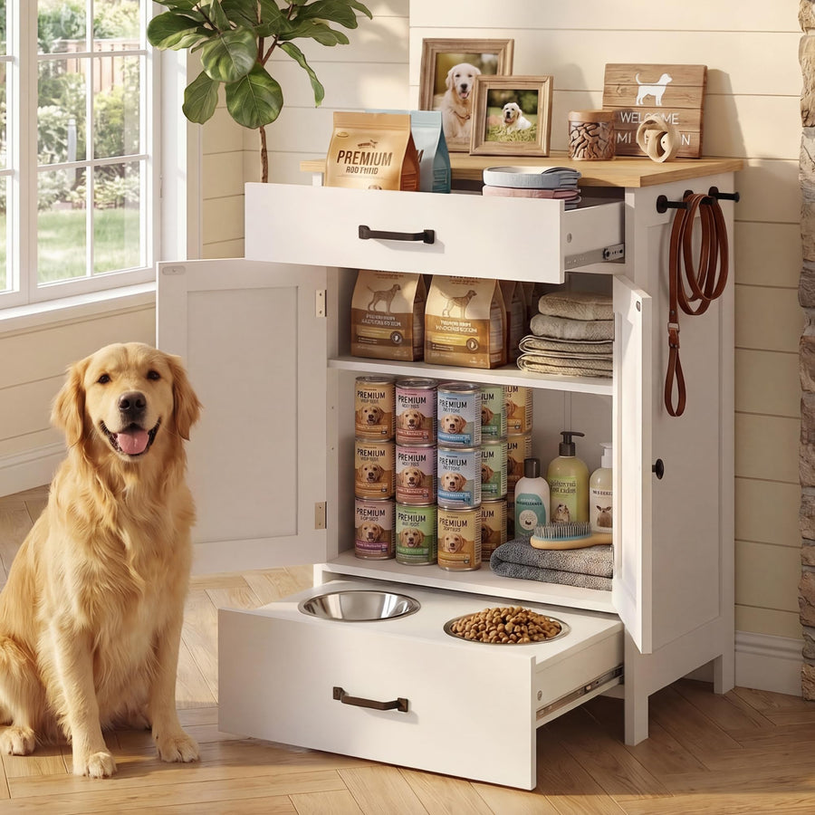 Elevated Pet Feeding Station with Drawer Storage