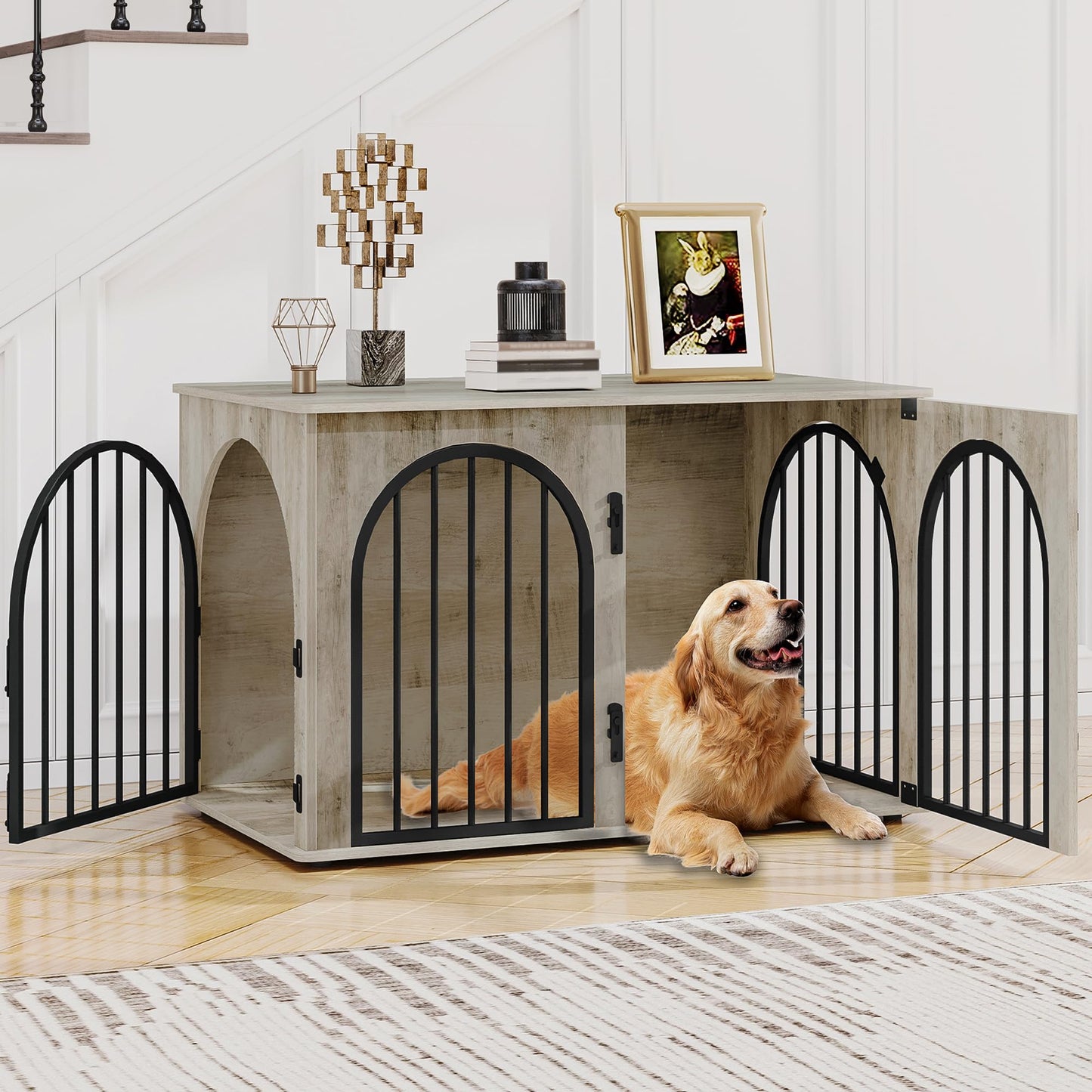 Wooden Dog Crate Furniture with Side Table Design