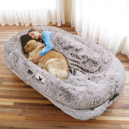 Human-Sized Faux Fur Pet Bed with Pillow Set