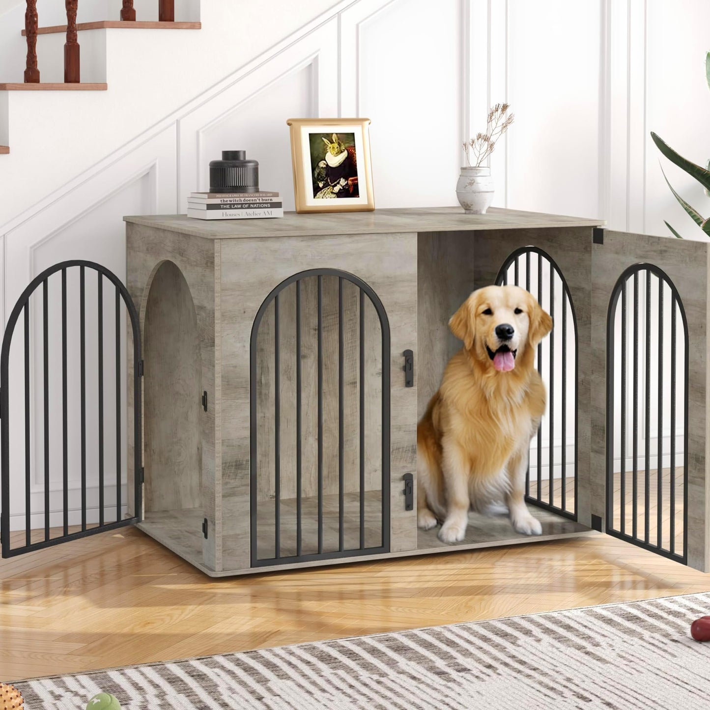 Wooden Dog Crate Furniture with Side Table Design