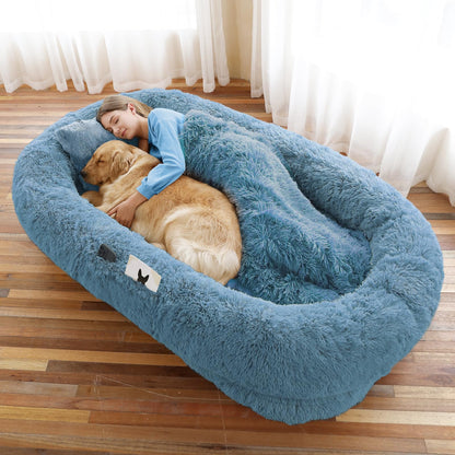 Human-Sized Faux Fur Pet Bed with Pillow Set