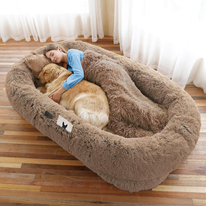 Human-Sized Faux Fur Pet Bed with Pillow Set
