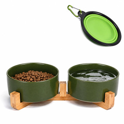 Ceramic Pet Bowl Set with Wooden Stand