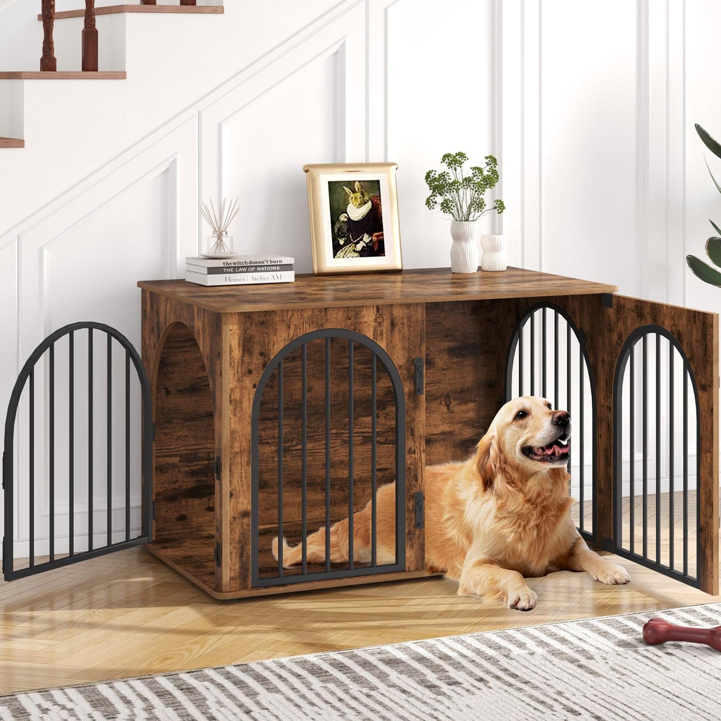 Wooden Dog Crate Furniture with Side Table Design