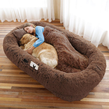 Human-Sized Faux Fur Pet Bed with Pillow Set