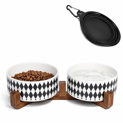 Ceramic Pet Bowl Set with Wooden Stand