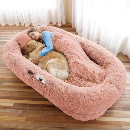 Human-Sized Faux Fur Pet Bed with Pillow Set