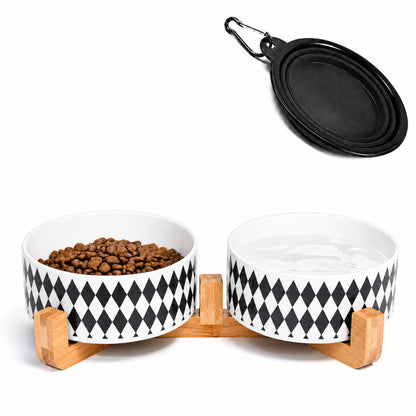 Ceramic Pet Bowl Set with Wooden Stand