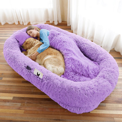 Human-Sized Faux Fur Pet Bed with Pillow Set