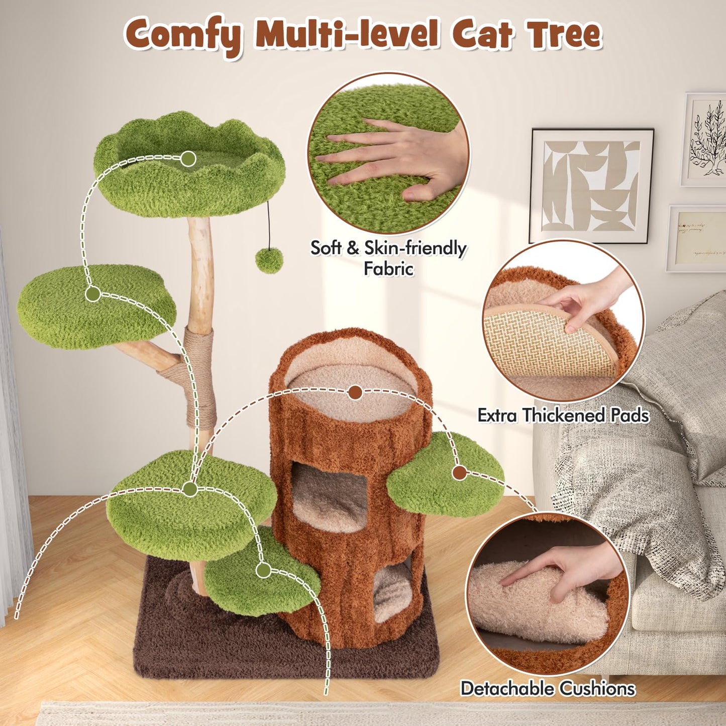 55-Inch Wooden Cat Tree with House & Platforms