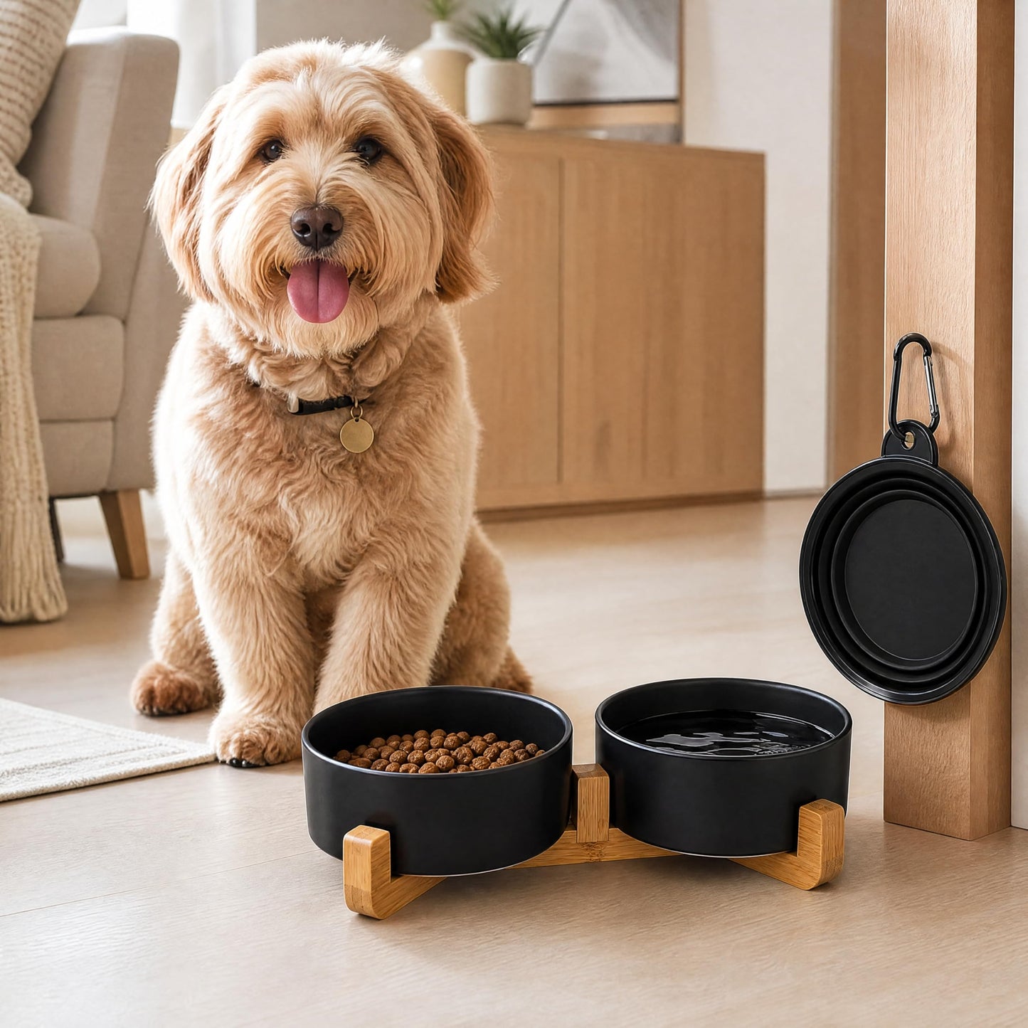 Ceramic Pet Bowl Set with Wooden Stand