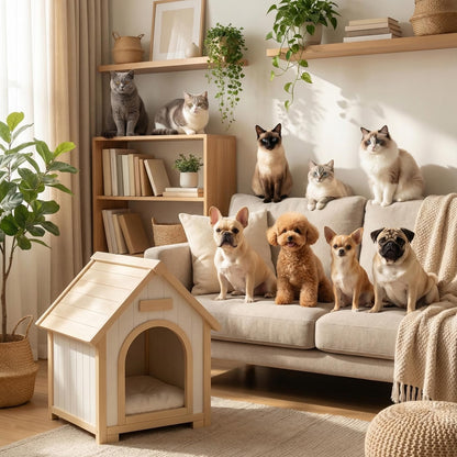 Solid Wood Indoor Pet House with Cushion Bed