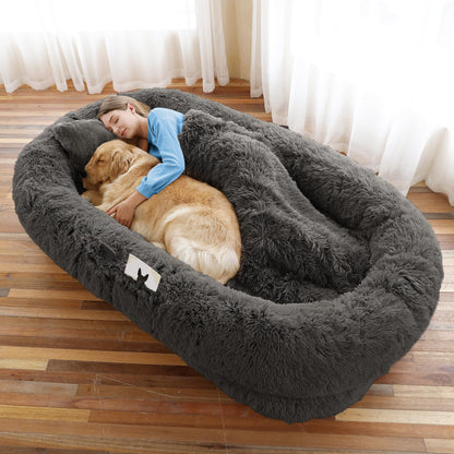 Human-Sized Faux Fur Pet Bed with Pillow Set