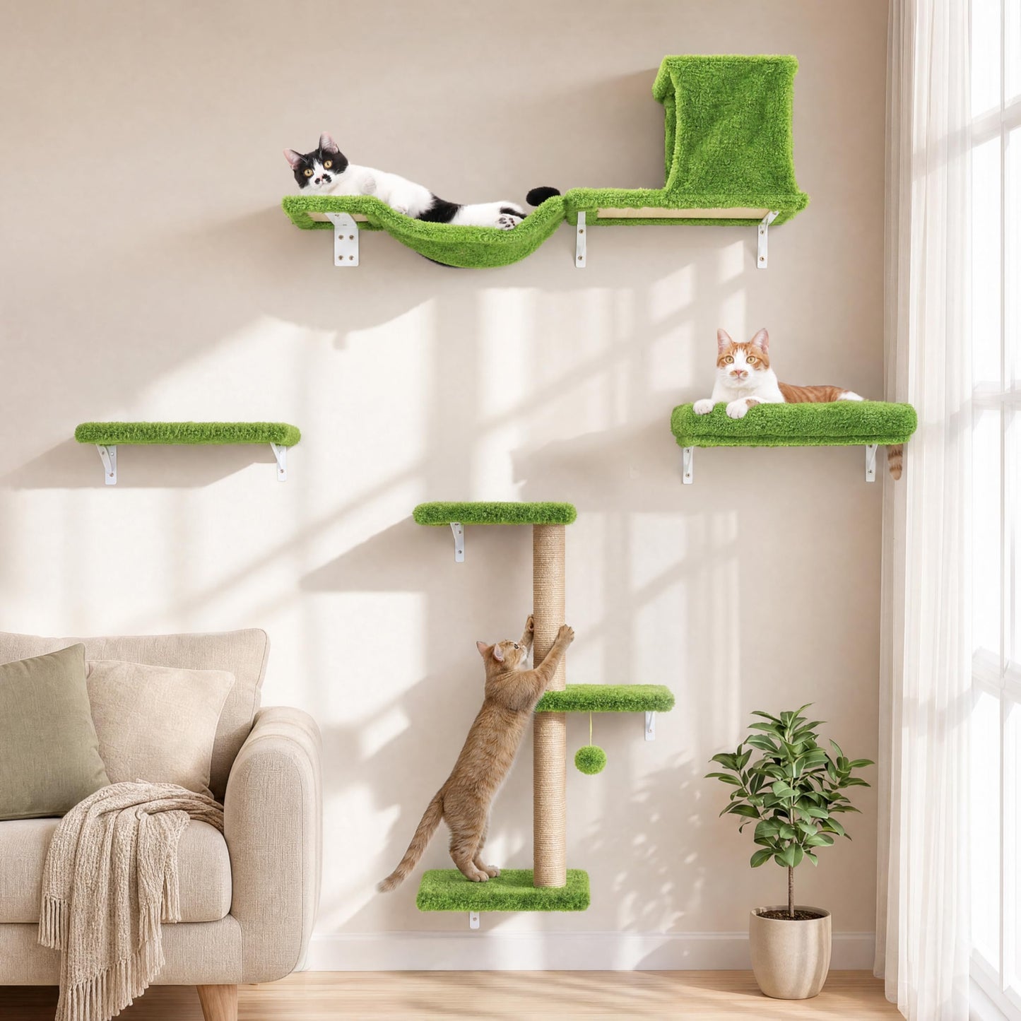 4-Piece Cat Wall Furniture Set with Scratching Post