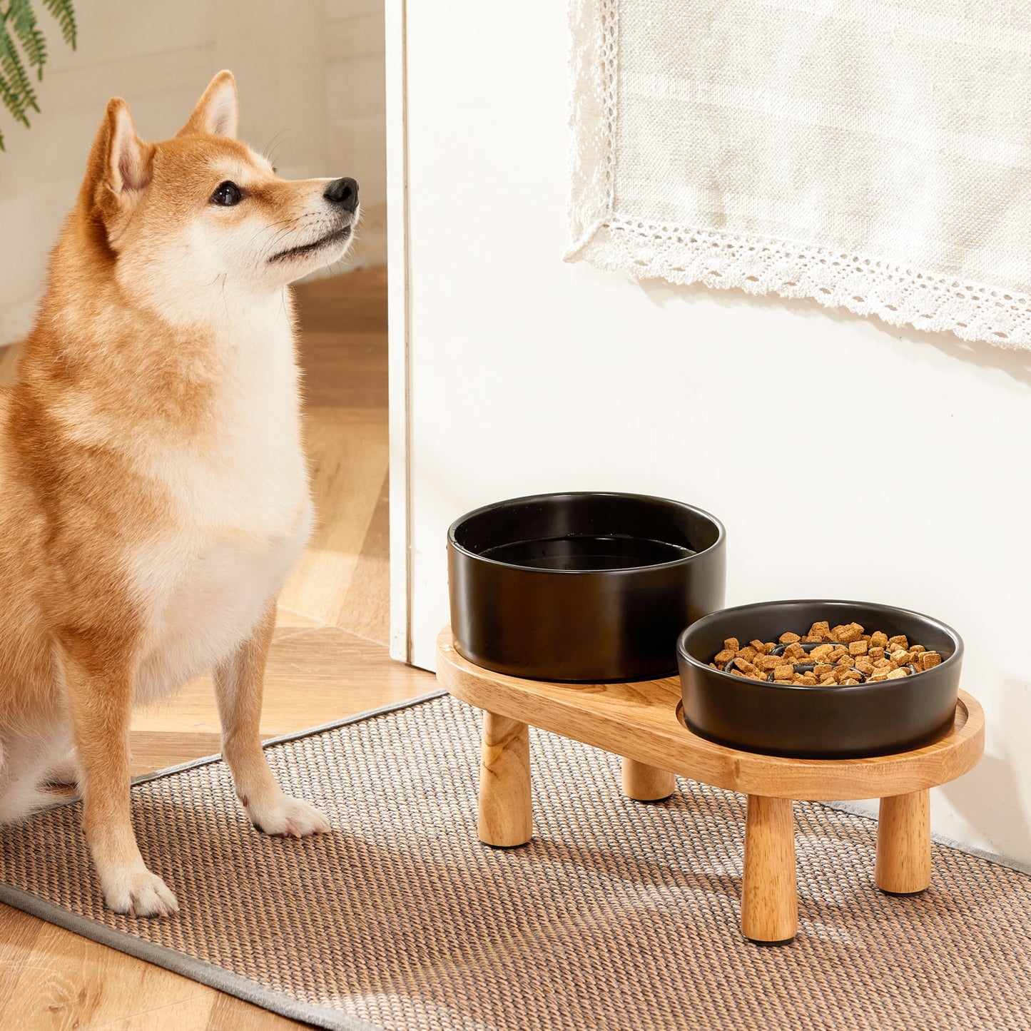 Ceramic Slow Feeder Bowl Set with Wooden Stand
