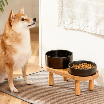 Ceramic Slow Feeder Bowl Set with Wooden Stand