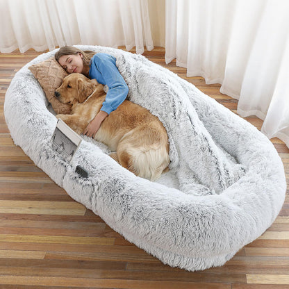 Human-Sized Faux Fur Pet Bed with Pillow Set