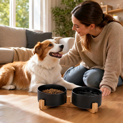 Ceramic Pet Bowl Set with Wooden Stand