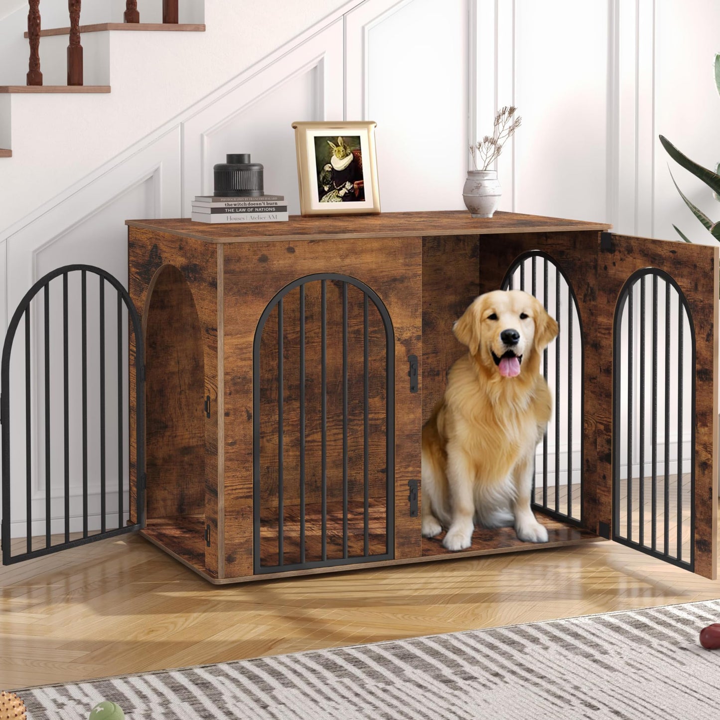 Wooden Dog Crate Furniture with Side Table Design